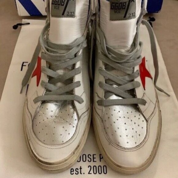 GOLDEN GOOSE MEN 2.12 RED STAR HIGH TOP SNEAKERS SHOES, WHITE SILVER, SZ 46 NIB! - Picture 4 of 13